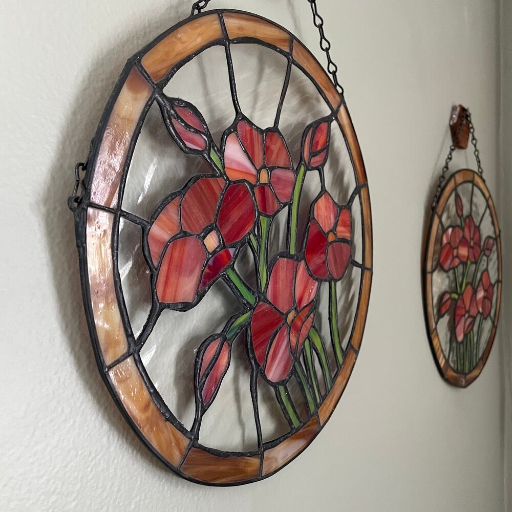 Vintage Round 12" Stained Glass Poppy Flower Suncatcher - Handmade Glass